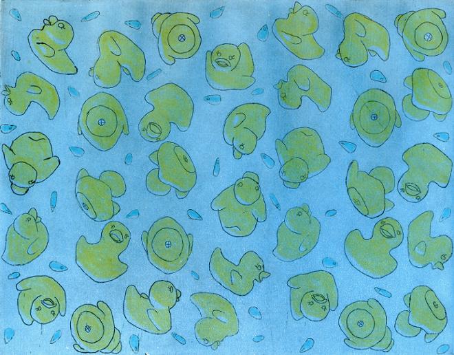 A sky blue print of little rubber ducks and rain drop-shaped beads in a sketchy pattern. 