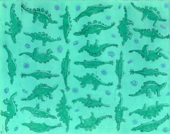 A minty green print of plastic dinosaurs and flower-shaped beads in a sketchy pattern. 