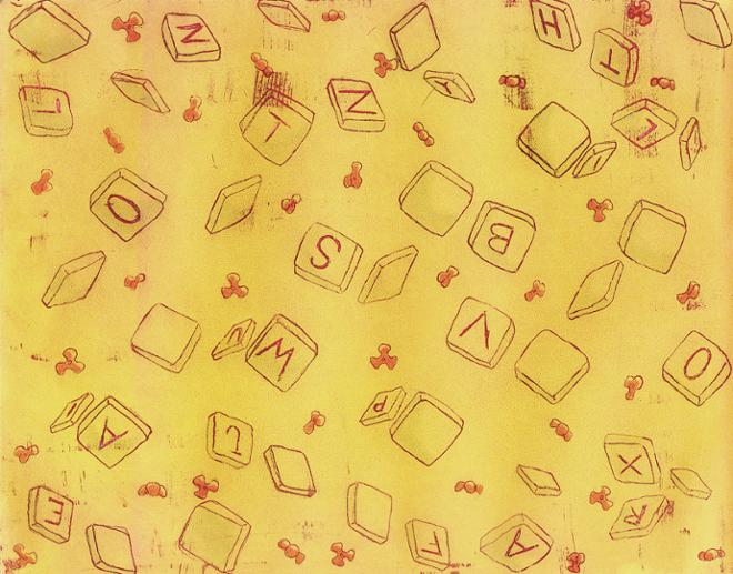 A vibrant yellow print of scrabble pieces and three-pronged beads in a sketchy pattern. 