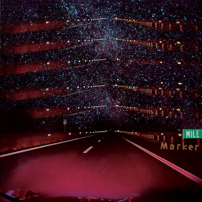 A discolored version of the night sky is being shown from the view of a car on a highway. 