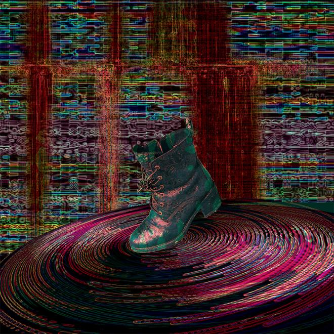 A black boot is surrounded by technicolor ripples in a void. 