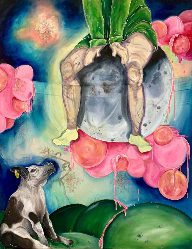 A painting of the lower half of a figure sitting on top the moon wearing green pajamas sits in the upper portion of the piece. A cow sits in the lower left corner looking up at the figure. Green hills fill the lower background and the sheet peaks through the foreground. Pink bubble-like forms are seen throughout the upper half of the painting sitting over a dark blue background. 