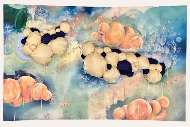 A dreamscape like painting consisting of peach-colored bubble-like forms flow across a blue background. Round pillow like forms come off the canvas to form a cloud like three-dimensional shape. The neck of a bottle sits in the top left corner.
