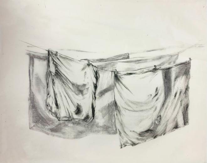 This litho print consist of two layers printed on separate sheets or a thin semitransparent Chinese turtle shell paper. Each layer Consist of an image of sheets hanging on a clothesline. When layered over one another it creates a sense of depth. 