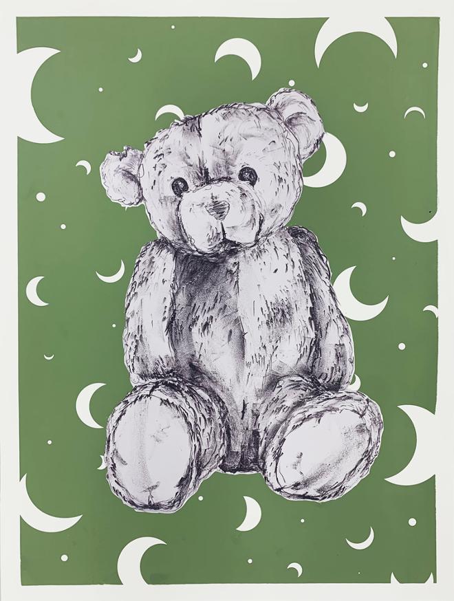 Image of a purple teddy bear surrounded by a light green crescent moon background.