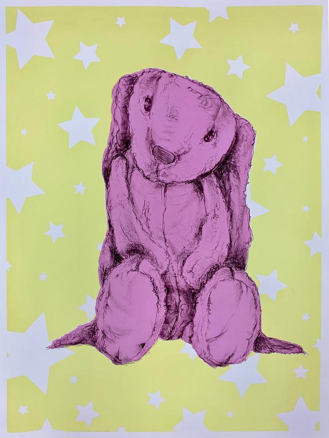 Image of a pink stuffed rabbit surrounded by a light-yellow star background.