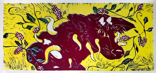   A woodblock print of a mythical creature with horns and berries.  