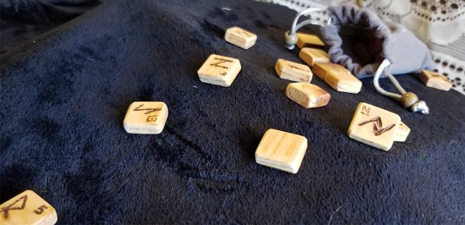   Carved wood tiles with wood burnt runes