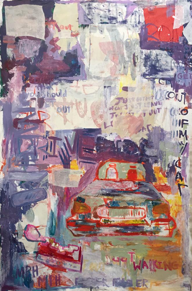 “Get Out Of My Car” : A large scale painting with a car in the bottom right corner. 