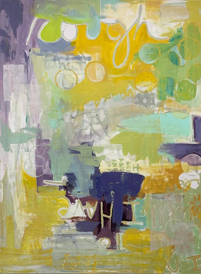 “Rough”: A green and blue painting with a bit of purple. There is the word “Rough” at the top of the piece 