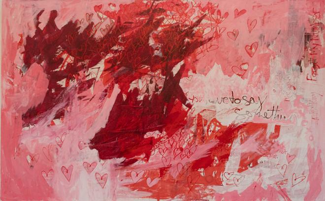 “With Love, The Artist”: A pink painting with text and hearts