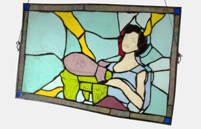 Graphic stained glass house wife