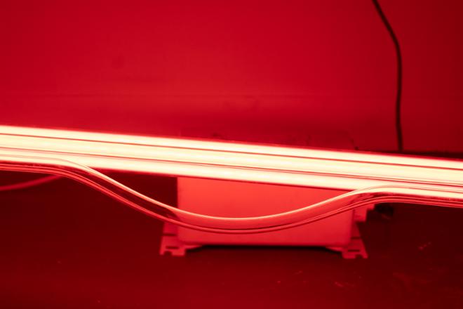 Detail of the slightly bent tube in Red, Red, Red, Clear. 