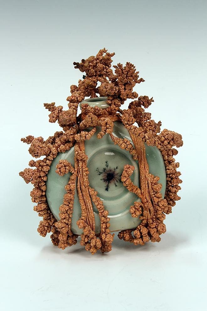 Copper plated green ceramic flask 