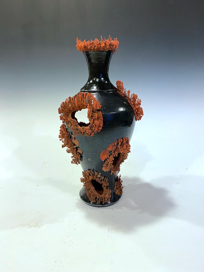 Copper plated black ceramic vase