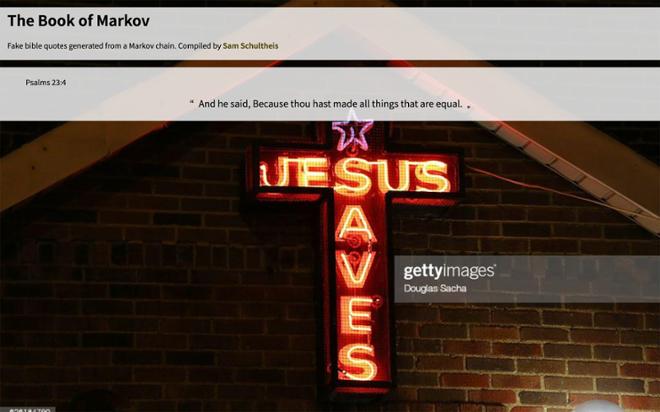 A fake bible quote of Psalms 23:4 saying, And he said, Because thou hast made all things that are equal. The background is a stock photo of a cross with neon lights that say Jesus Saves in front of a brick building. 