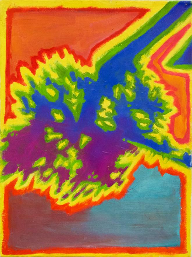 A red, purple, yellow and blue painting portraying abstracted imagery of a tree’s shadow.