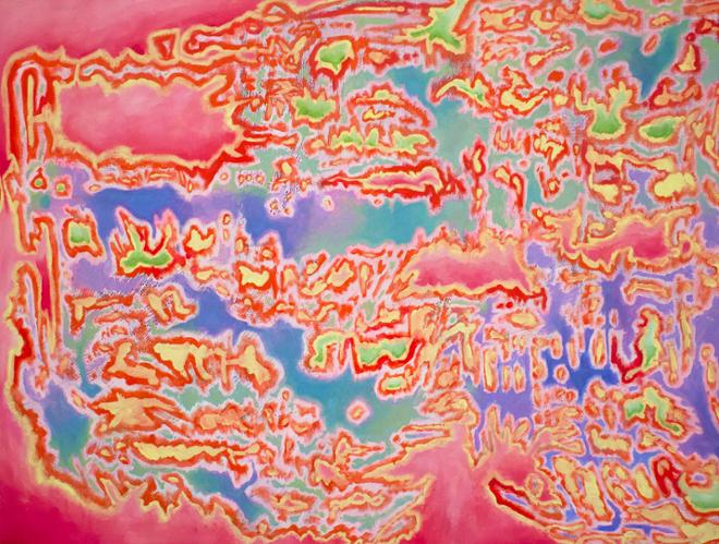 An abstract painting of various pink, yellow, red and green blobs. Peaking through the background is a lighter pink, purple and teal.