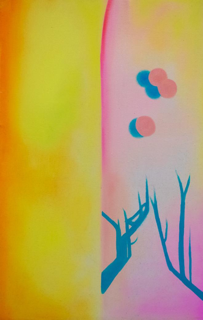 The left side of this abstract painting is a field of yellow and orange. The right side is covered in a pink wash with a little bit of yellow. On this side, there are three pink circles with a shadow of teal. As well, the shadows of two teal trees reside at the bottom. A line of hot pink runs down the middle separating the right from the left. 