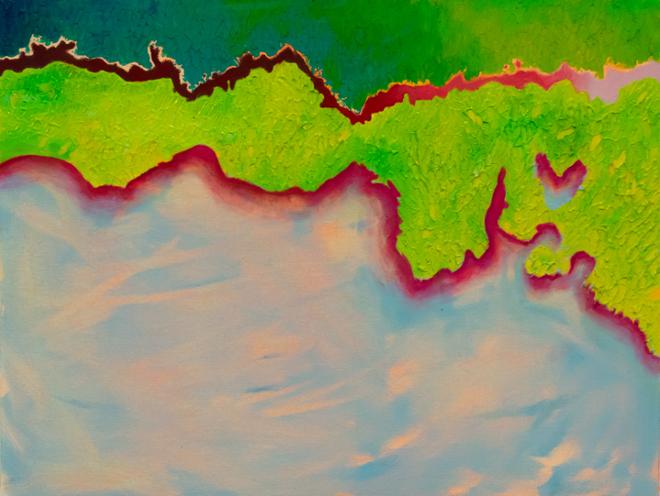 The very top of this painting is a matte, textured green and teal gradient. Directly below this is a wavy line that gradually moves from a dark, warm brown to a light, cool pink. Below this line is another textured green surface, but this time it is lime green and is shiny. A hot pink shadow resides at the bottom of this form. The bottom half of the painting is a pink and light blue area with clear signs of wiping of the paint. 