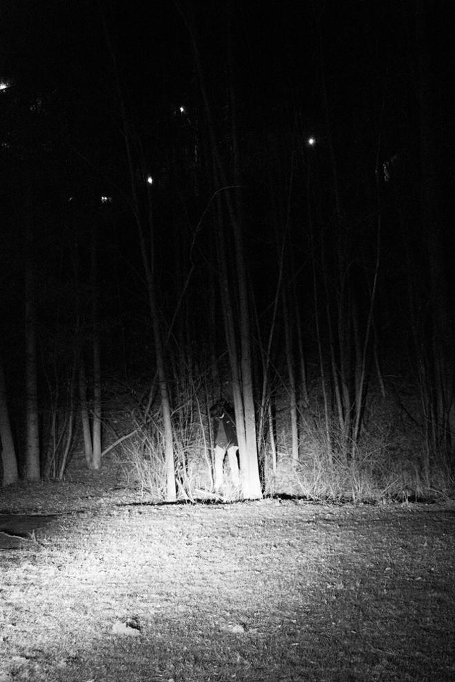 A photograph of a man who can be seen at a distance next to a cluster of trees, the scene is lit by a headlight. 
