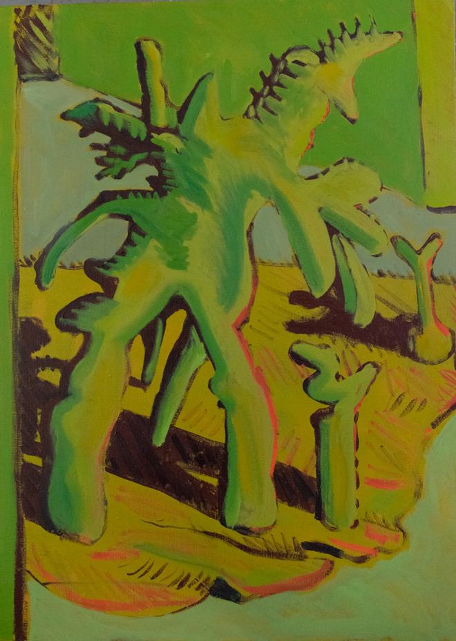 A monochromatic painting of an organic-looking green sculpture in a green room.