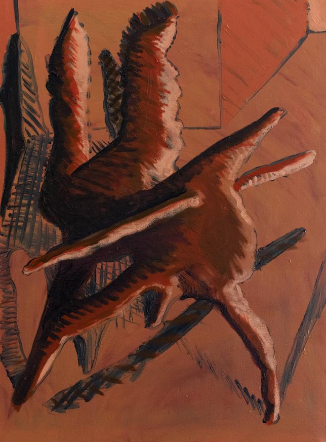 A monochromatic painting of an organic-looking rust-colored sculpture in a rust-colored room.