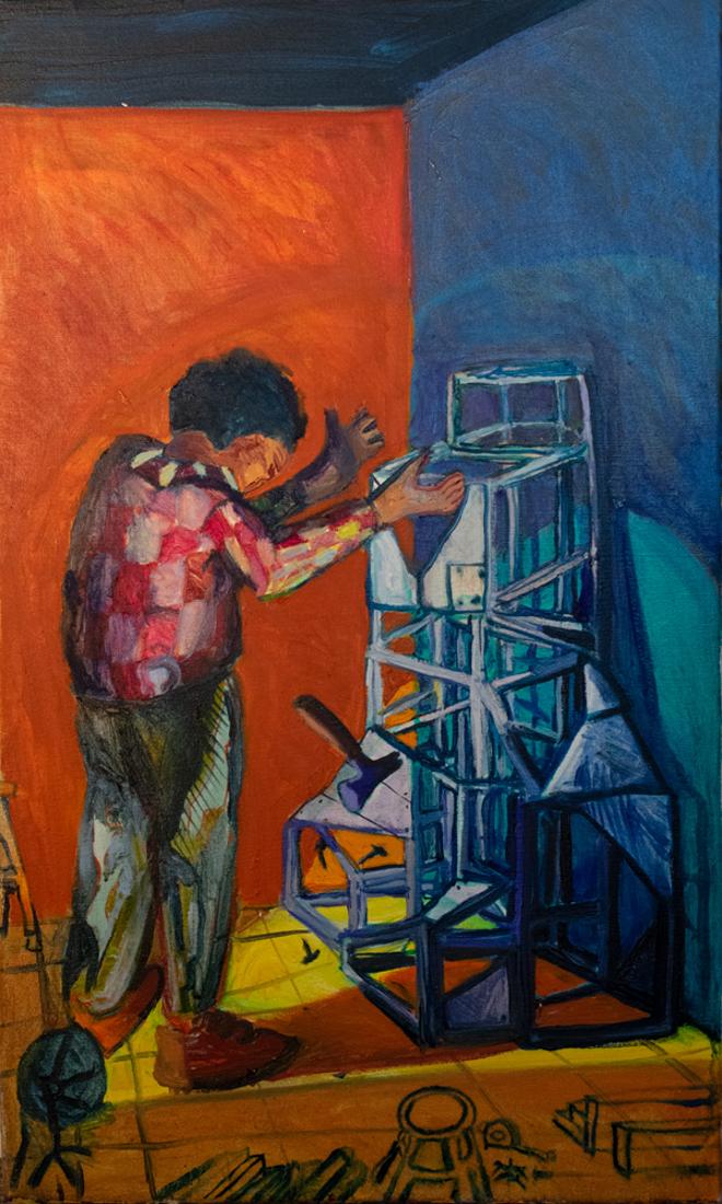 A painting of a man in a dimly lit room, dropping a hammer and nails onto an incomplete structure.