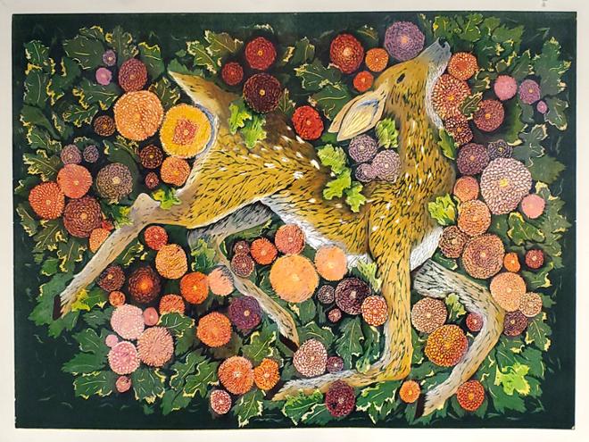 A wood block print of a fawn in a bed of chrysanthemum flowers.  