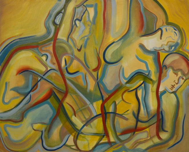 Painting of four, nude, female figures reclining. The figures are simplified to line using shades of blue, green, and red with a mustard yellow background using oil and acrylic paint.