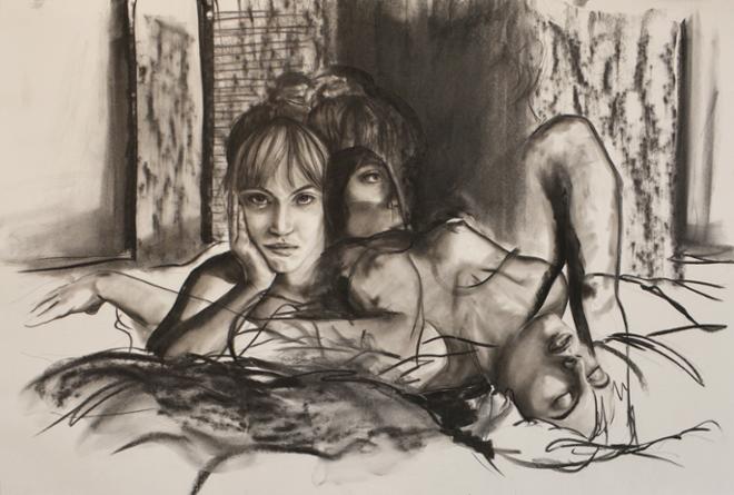 Charcoal drawing of one, nude, female figure in multiple positions on a bed. Some parts of the figure are highly rendered while other parts are just lines.