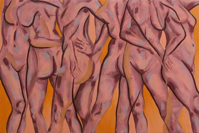 Painting of one, nude, female figure moving across the canvas in six different standing positions. The poses are fully rendered with bright pinks, purples, and blues pigments with a pink and orange background using oil paint.