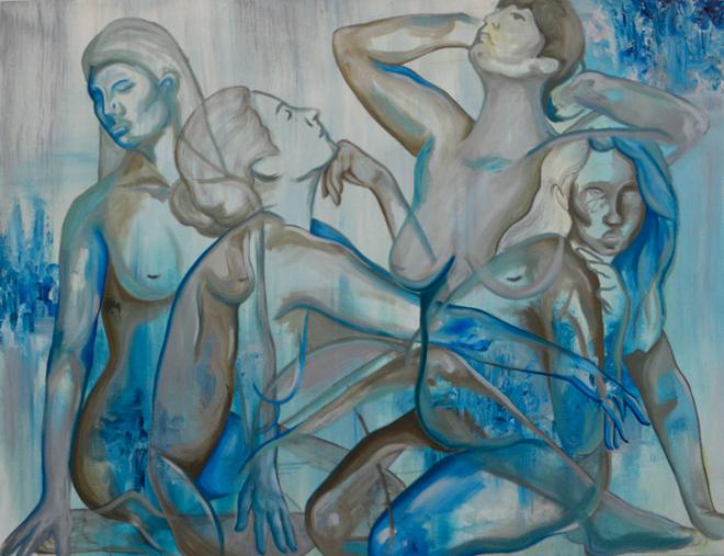 Painting of four, nude, female figures sitting. The figures have parts that are fully rendered while other parts are just lines. Colors are all shades of blues and browns with a blue and white background and some paint knife marks using oil and acrylic paint.