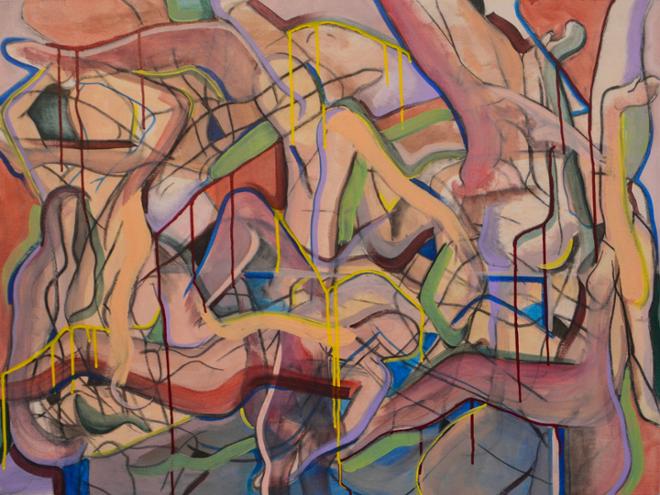 Painting of multiple female figures broken down to lines, abstracted and overlapping in many layers. Bold blocks of color and lines. Colors include pink, purple, blue, green and red using acrylic paint.
