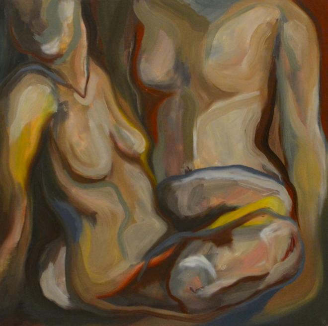 Painting of two, nude, female figures sitting. Loosely painted with muted blocks of color with some strokes of bright blue, yellow and red using oil pastels and oil paint.