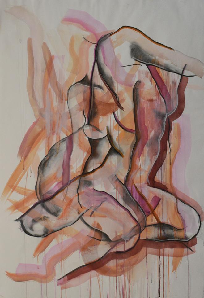 Painting of multiple, nude, female figures that are fragmented and overlapping. Gestural brush strokes in the background with lines of charcoal layered on top. Colors include pink, orange, and maroon on a white background using acrylic and watercolor paints.