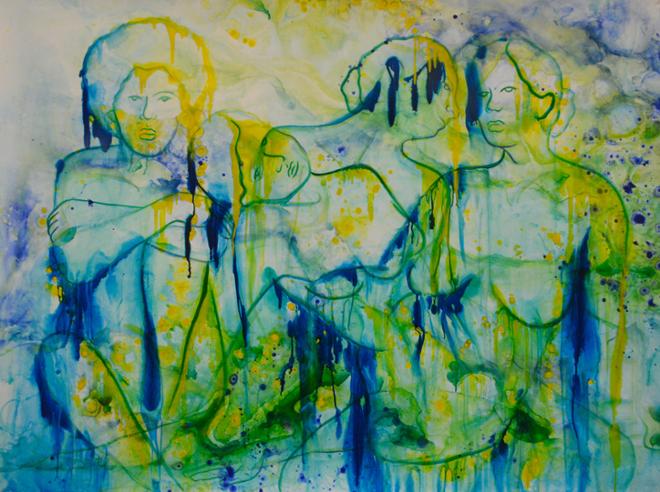 Painting of four, nude, female figures reclining. Very loose painting with a lot of drips and pools of paints mixing together. Colors include blue, green, and yellow using acrylic paint.