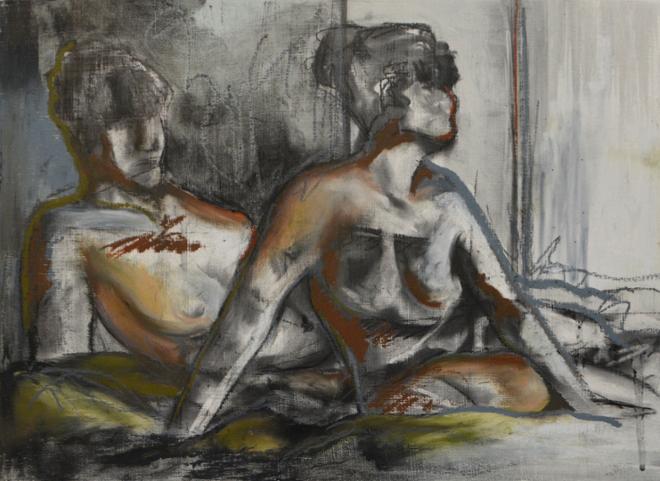 Charcoal drawing of one, nude, female figure in two different sitting positions. Loosely rendered with a lot of mark making on the body. Small moments of brown, yellow, and green color using watercolor and oil pastels.
