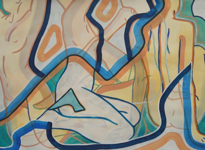 Multiple, nude, female figures broken down into line, overlapping and intertwining. Varying line weights and blocks of color. Colors include Blue, orange, yellow, and teal using acrylic and watercolor paint.