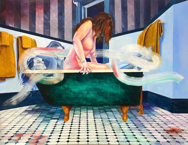 A large bathroom with hexagon tiled floor. A woman is getting in the bathtub, she is pale and the colors of her skin are very saturated. Her face is obscured by her hair. She is clutching the sides of the iron clawfoot tub as she sinks herself in. More subtly, there are two ghostly figures of the same woman, also lounging in the bath. In the background, we see the bathroom, with golden towels handing on each wall and a window in the center.