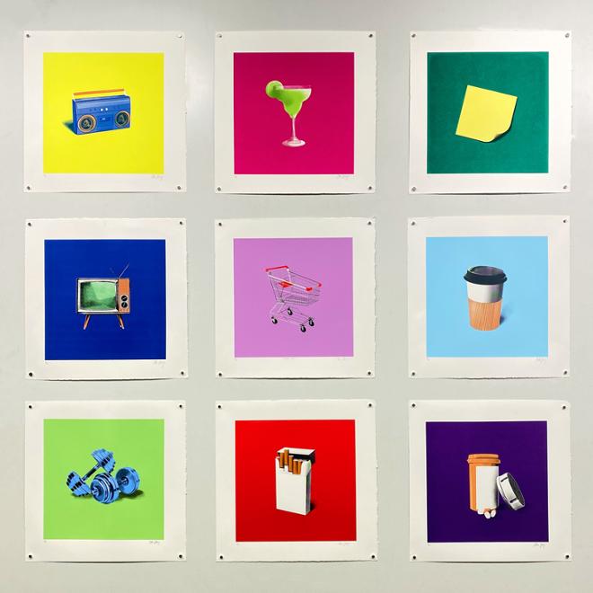 A blue and orange stereo with a yellow background. A green margarita with a lime with a hot pink background. A pale yellow post-it note with an emerald green background. A vintage television, with a green screen, on a royal blue background. A metal shopping cart with red handles and a lavender background. A white to-go coffee cup with a black lid and a brown paper holder on a sky blue background. Two royal blue hand weights that are royal blue on a lime green background. A simple white pack of cigarettes, with orange filters, on a bright red background. An orange pill bottle, with three half white, half orange pills sitting on the ground next to it in addition to the cap of the pill bottle, on a dark purple background.