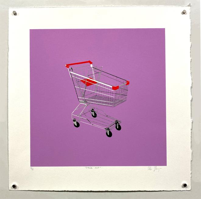 A metal shopping cart with red handles and a lavender background. The image is square, printed on white paper with a deckled edge with a white boarder.