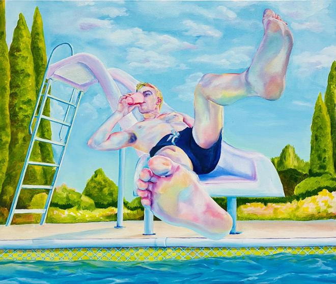 A man with blond hair and pale skin is drinking out of a pink cup while going down a slide that leads into a pool. There is green foliage behind him, and a bright blue sky with fluffy clouds. In the bottom of the painting we see some pool water and the pool liner.