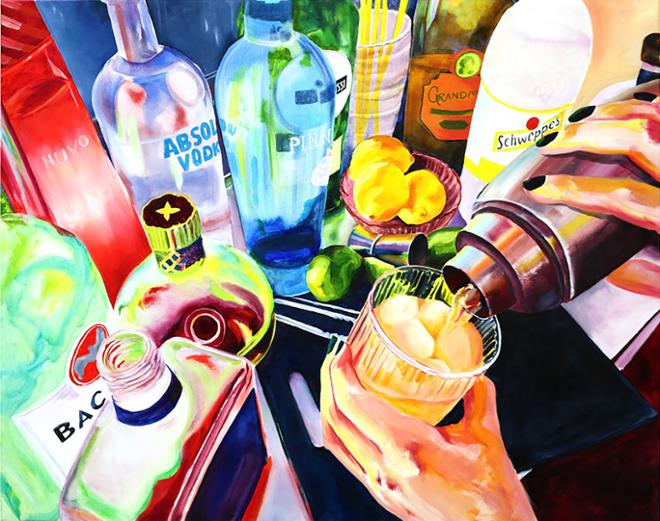 Large, colorful painting of a bar cart scene. All of the image is taken up by bright glass bottles of alcohol, and in the bottom right corner, we see hands pouring a drink from a shaker into a vintage glass.