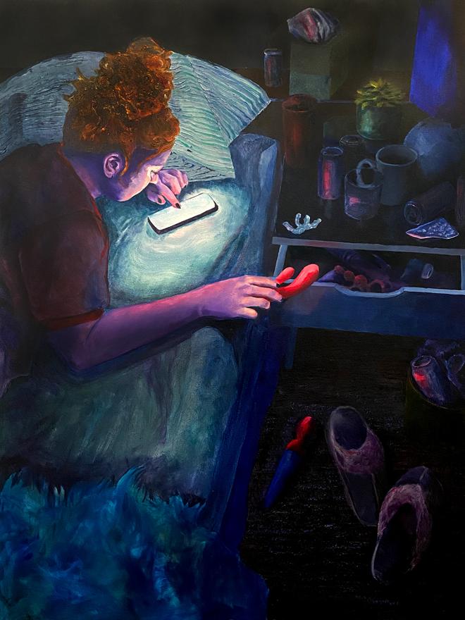 A woman is laying and bed reaching into her bed side drawer full of sex toys. In her left hand, she looks at her phone, that is the only source of light in the painting. In her right hand, she is holding a hot pink vibrator. The bedside table is covered in seltzer cans. The bedding is white, and in the bottom left corner there is a blue fluffy blanket. On the floor next to the bed we see an overflowing garbage can and a pair of slippers.