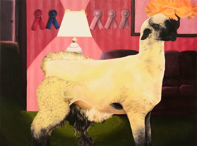 A half sheared sheep stands on a green carpet in front of a deep purple couch and striped, pink wallpaper. There are show ribbons and a painting of a yellow carnation on the wall, as well as a dark hallway, to the left, leading to a cracked bedroom door. 