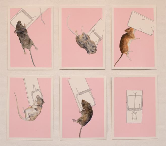Five paintings show mice caught in traps on a pink background. The sixth trap has not been set off. 