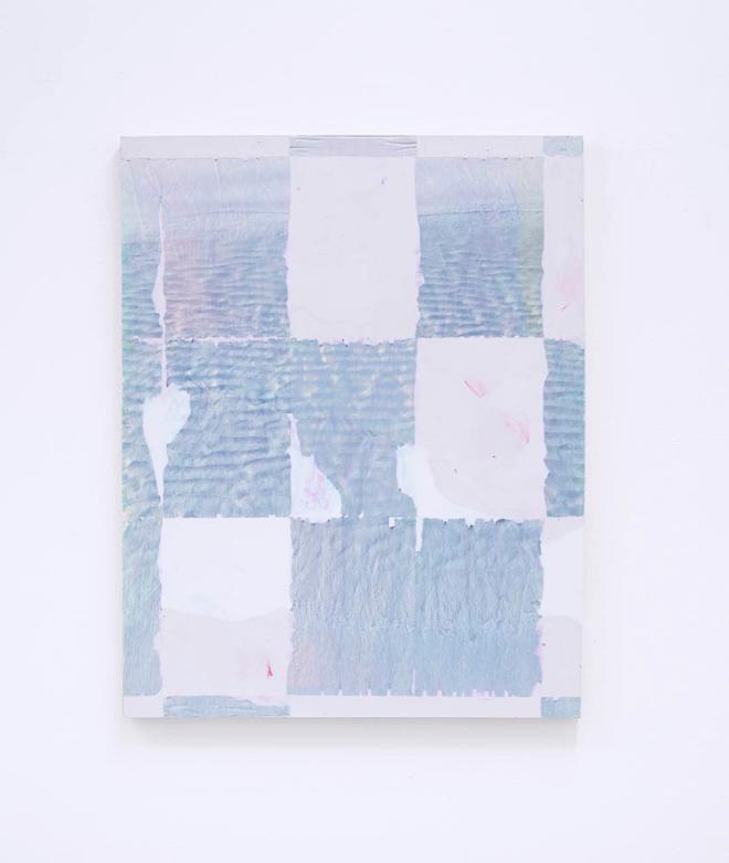 This purple piece is created with large rectangles printed with an image of ripples in ocean water that are tiled and disappearing into the plaster. The tiling of the rectangles mimics the pattern of a quilt but also shows the image of the ocean coming together 