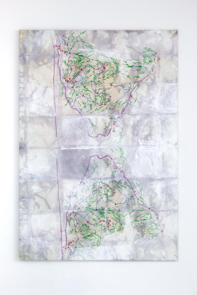 Across the canvas is an oil pastel drawing of a mountain trail map. Two identical maps facing each other and are placed vertically on raw canvas. Purple as the trail, green as the mountains, and red as resting spots and tourist sights. Covering the drawing is then a layer of stained light grey purple and a layer poured white paint. Both layers follow the creases of a the canvas’s folded pattern in grids. 8 crease from top to bottom, 6 crease from left to right. The natural color of canvas is still showing through from the layers as well.  