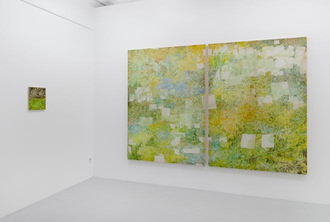 An installation shot of two paintings: 'Foliage of Perseverance' and 'Butterfly and Children' 